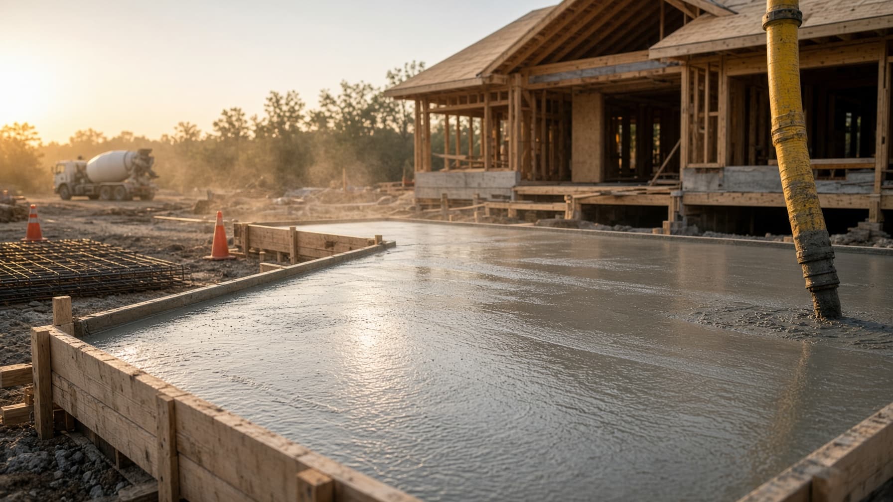 Fresh concrete slab in timber forms beside a house under construction with exposed roof framing